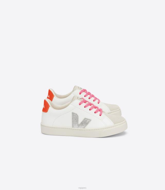 zapatos H28JT335 niños Veja Cordones esplar piel sin cromo blanco plata naranja fluo